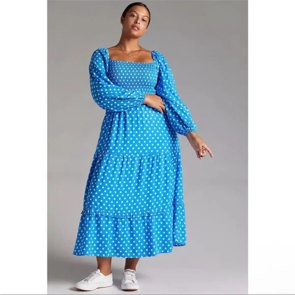 Anthropologie Dolan Laney Smocked Polka Dot Midi Casual Dress Blue size 2X - Picture 2 of 14